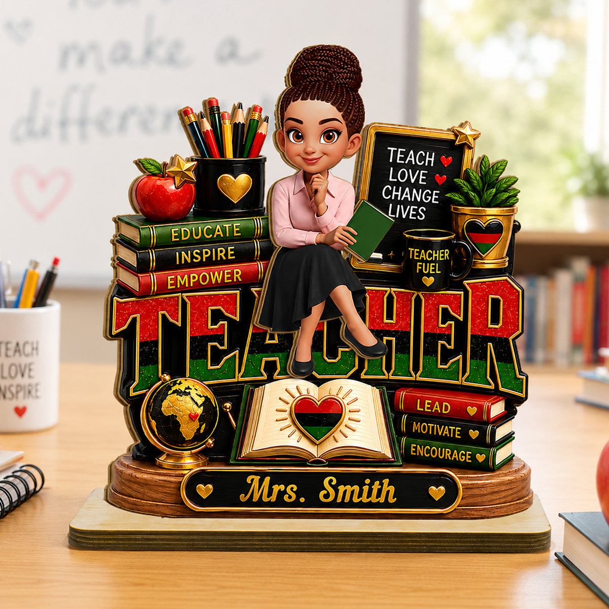 Teach Love Changes Life - Personalized 2-Layered Wooden Plaque - African American Teacher Appreciation Gift