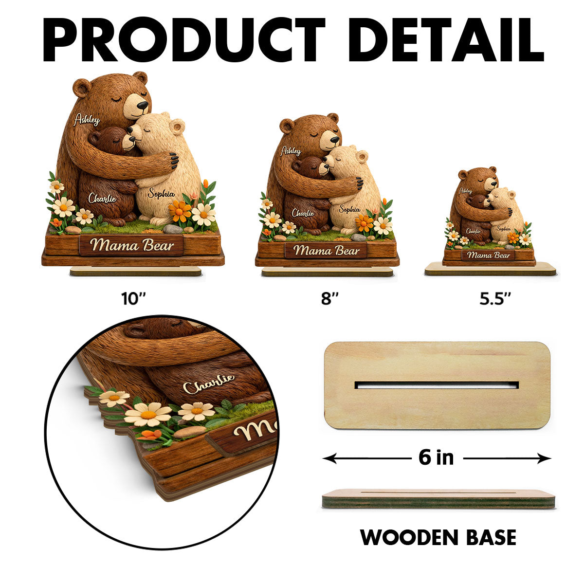Mama Bear - Personalized 2-Layered Wooden Plaque - Sentimental Gift for Mom, Grandma