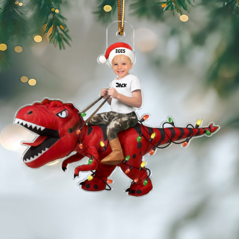 3D Effect Custom Face Kid With Dinosaur - Personalized Acrylic Ornament - Gift For Kids, Granddaughter, Grandson, Daughter, Son