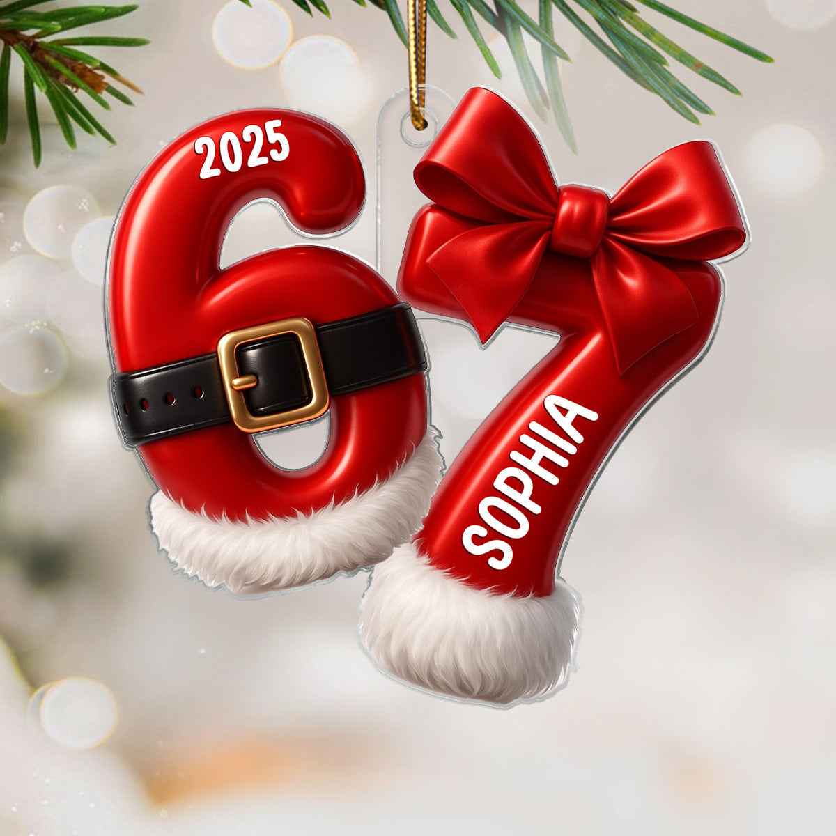 3D Effect Girly Coquette Bow Pattern 67 Six Seven 2025 Slang - Personalized Acrylic Ornament - Funny Christmas Gift For Teen Girl, Grandkid, Gen Alpha