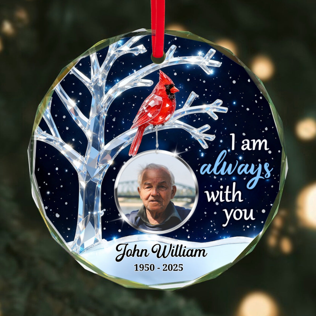 3D Crystal Effect Memorial Winter Tree Cardinals Upload Photo - Personalized Glass Ornament - Remembrance Gift, Sympathy Gift