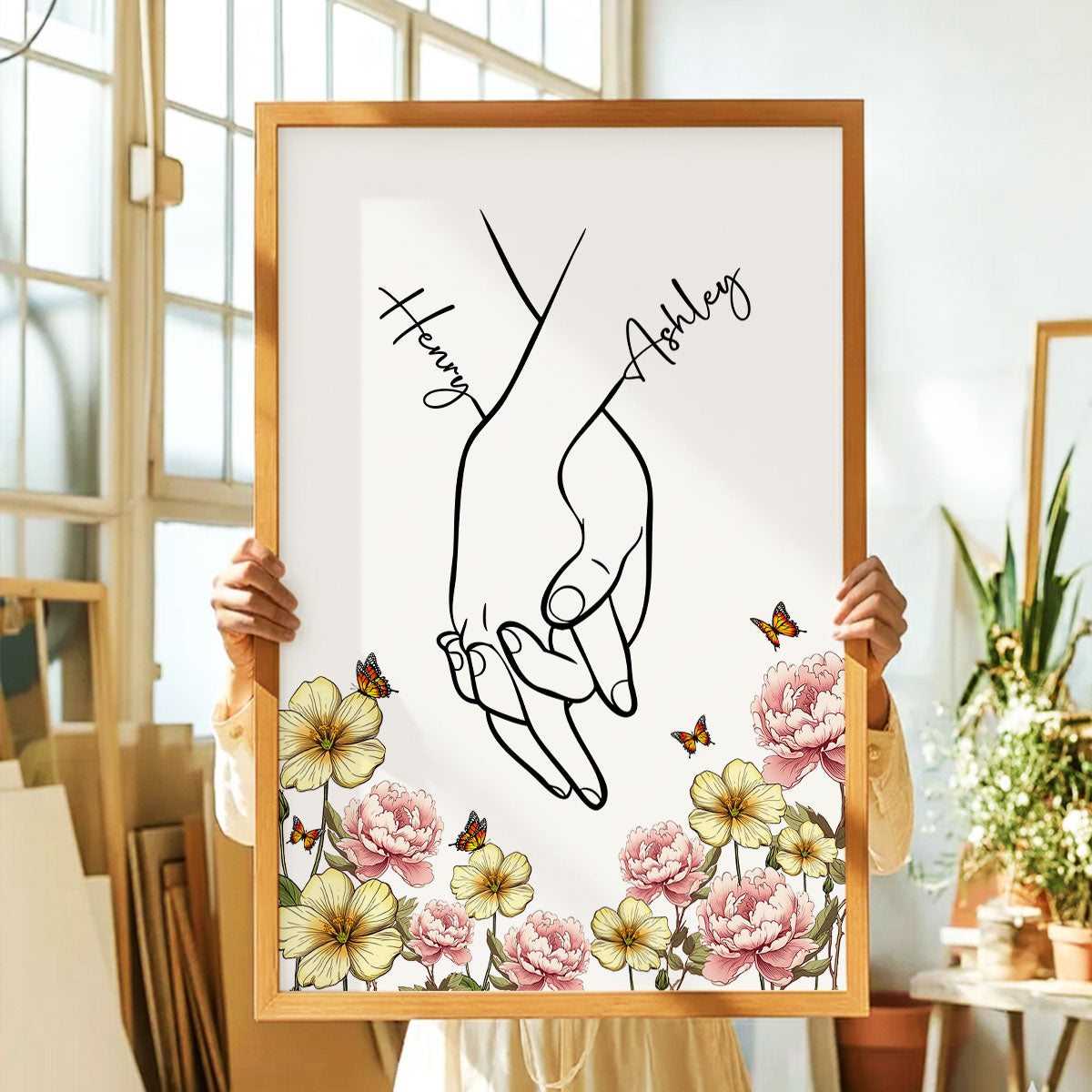 I Love You Couple Hand Print Birth Flower - Personalized Poster - Sentimental Gift for him, for her