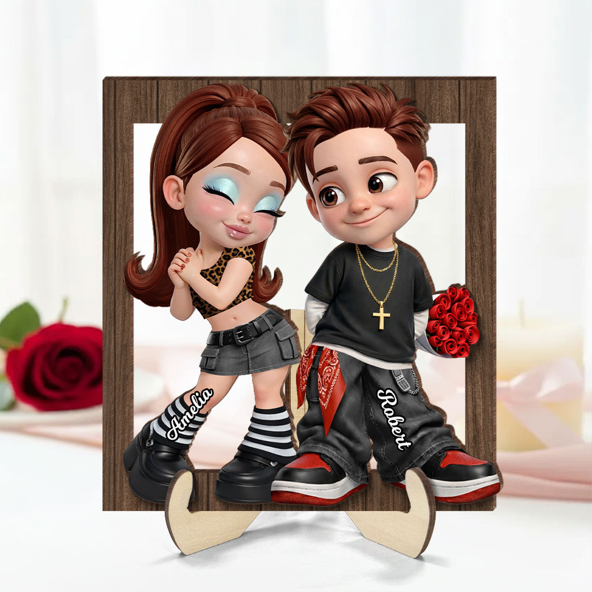 Trendy Y2K Couple Frame - Personalized 2-Layered Wooden Plaque - Heartfelt Valentine's Day Gift For Him, Gift For Her