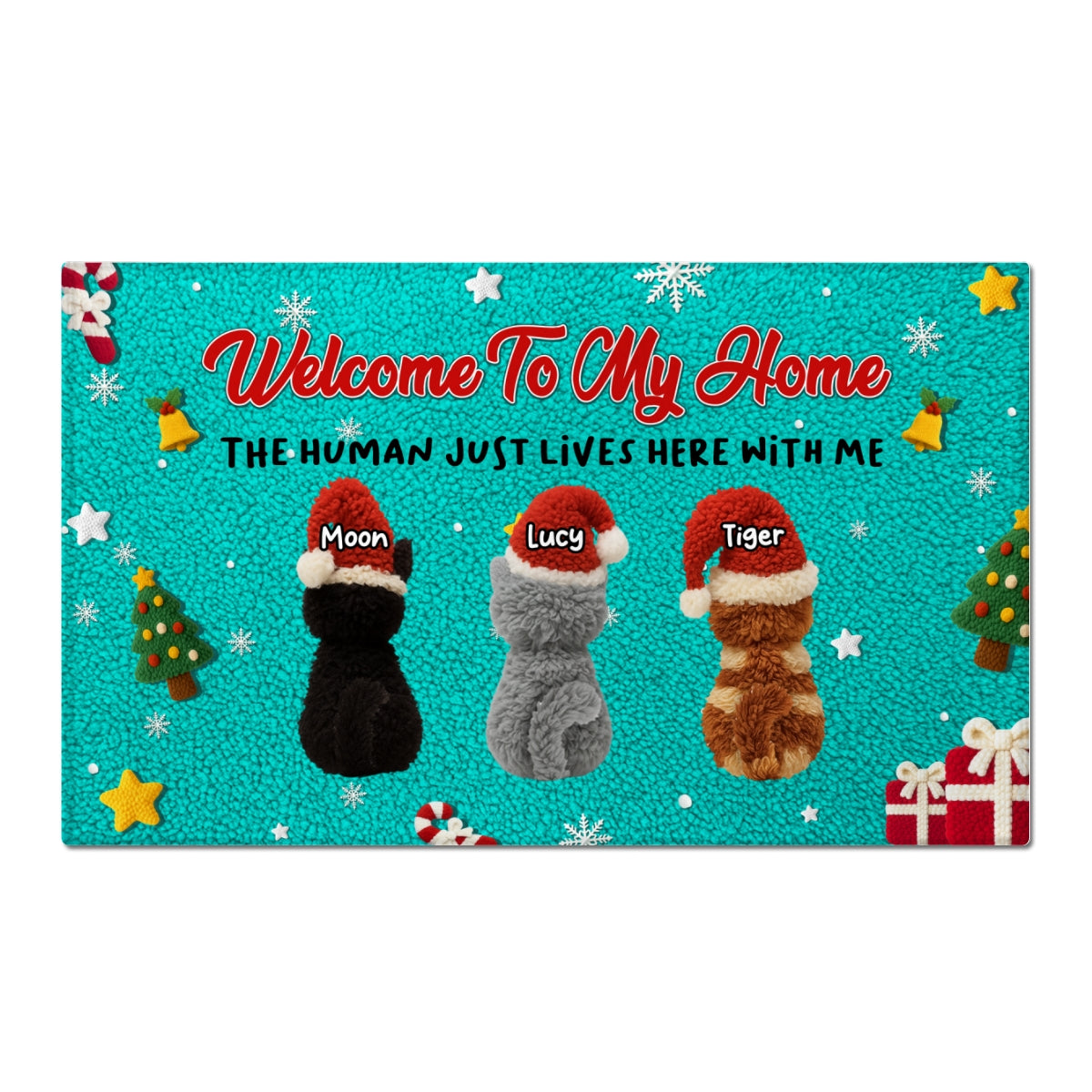 Welcome to Our Home The Humans Just Live Here - Personalized Doormat - Funny Cats Latch Hook Yarn Faux - Christmas Decor for Pet Lovers
