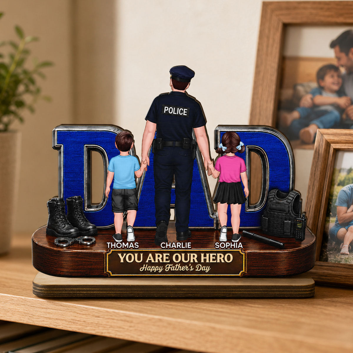 Proud American Police Dad You Are Our Hero - Personalized 2-Layered Wooden Plaque - Unique Trending  Gift For Dad, Husband