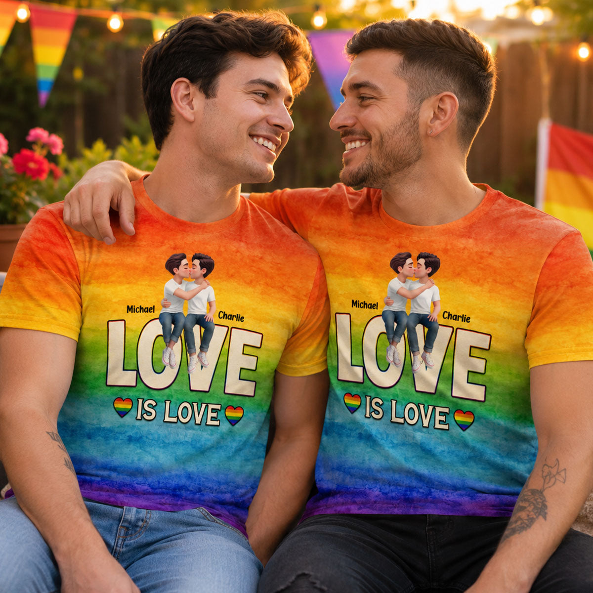 LGBT+ Watercolor Flag Couple Love Is Love - Personalized Shirt - Matching Shirts For Couple, Happy Pride Month