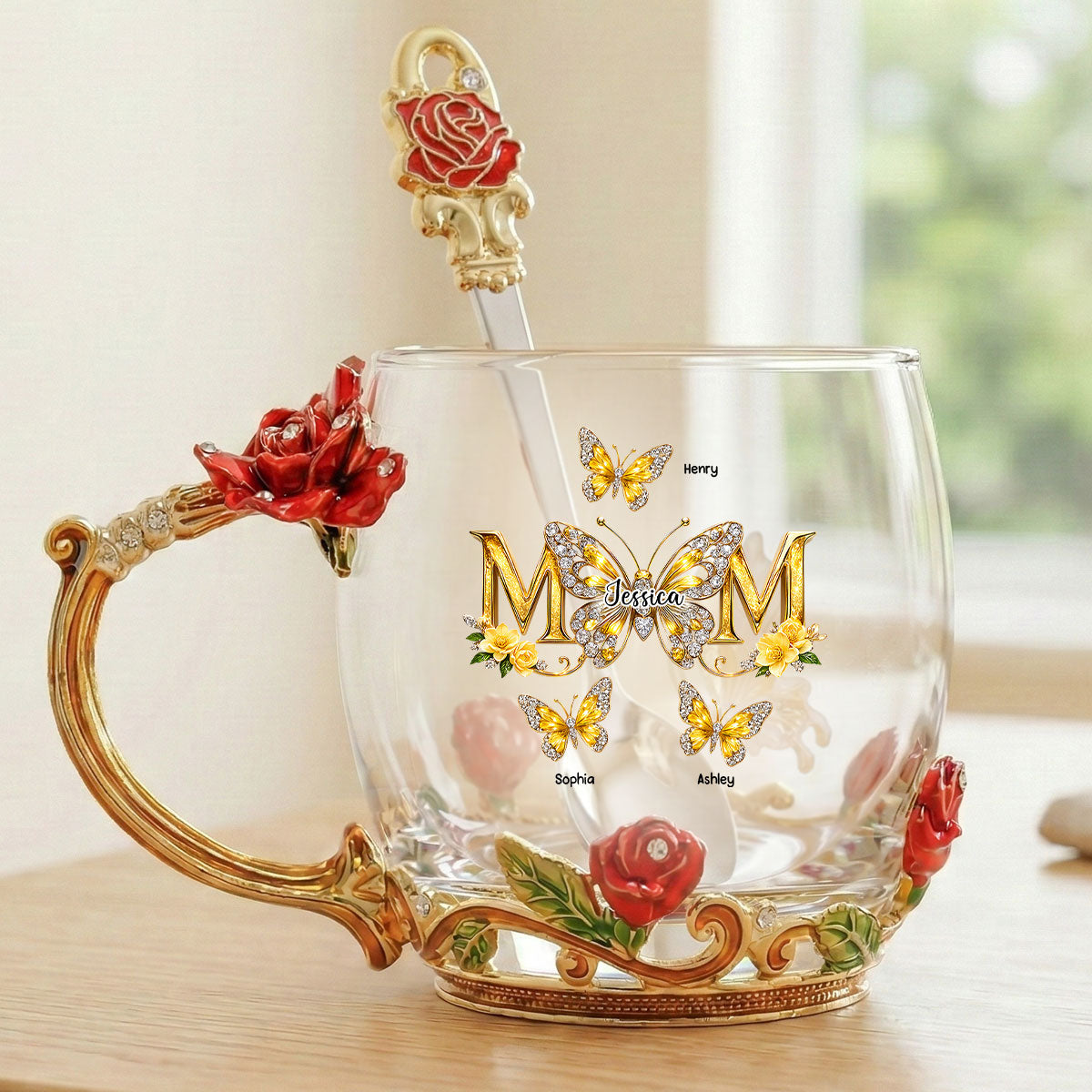 Mom And Children Butterflies - Personalized Enamel Flower Tea Cup - Gift For Mom