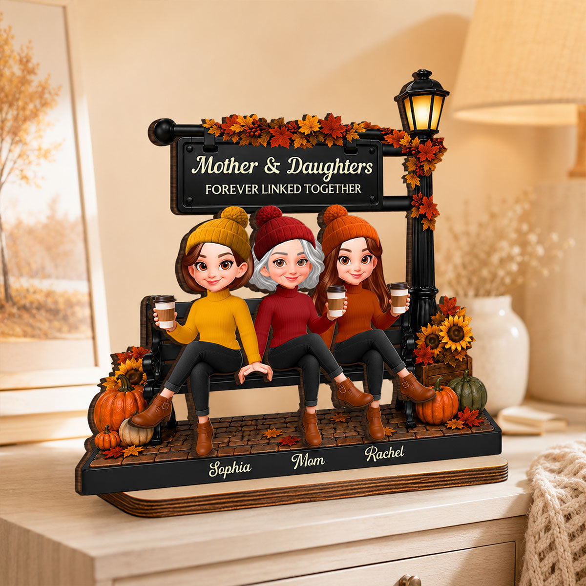 Fall Season Lamp Post Mom And Daughters - Personalized 2-Layered Wooden Plaque - Fall Gift For Mom, Daughters