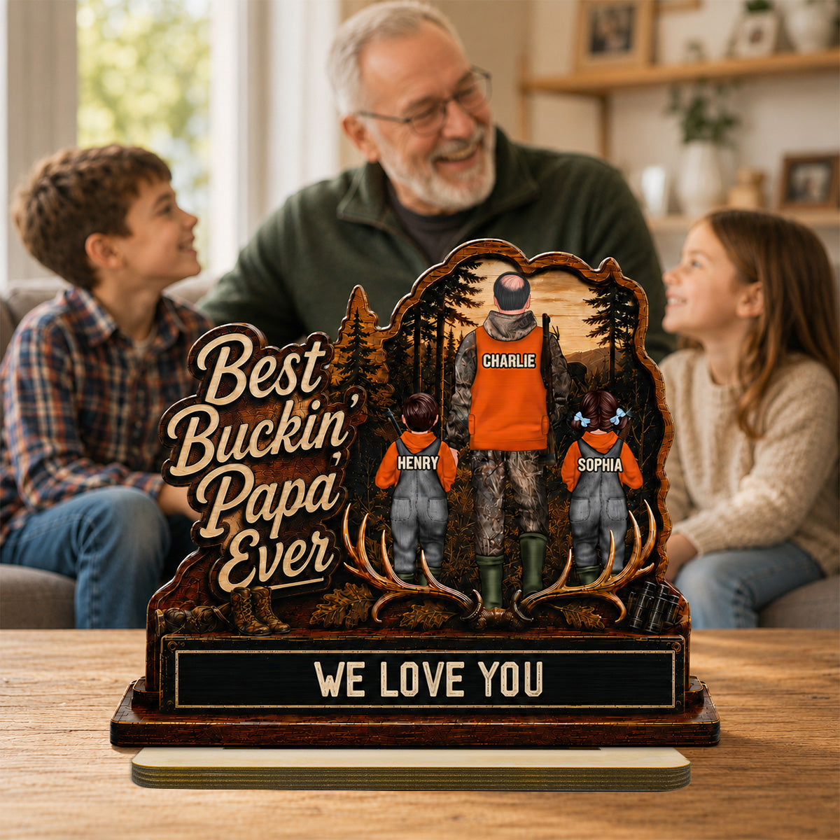 Best Buckin' Dad Papa Ever Hunting Man & Kids 2D Flat - Personalized 2-Layered Wooden Plaque -  Gift For Hunting Dad, Grandpa