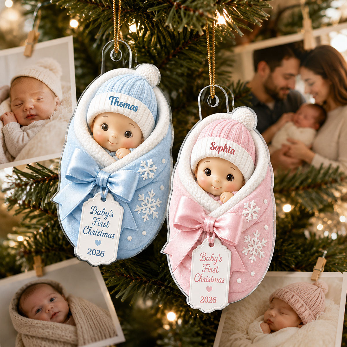 Baby's First Christmas Baby In Swaddle Blanket 2D Flat - Personalized Acrylic Ornament - 1st Christmas Keepsake