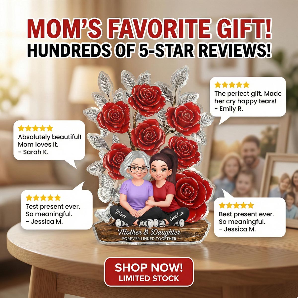 Mom And Daughter Forever Love Rose Tree - Personalized Acrylic Block Plaque - Gift For Mom