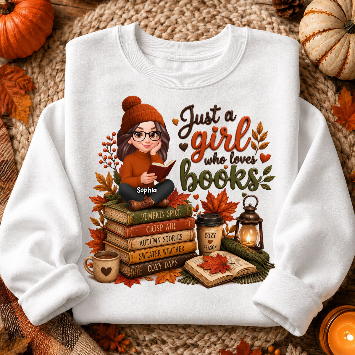 Cozy Autumn Girl Who Loves Books - Personalized Shirt - Fall Season Gift, Gift For Book Lovers