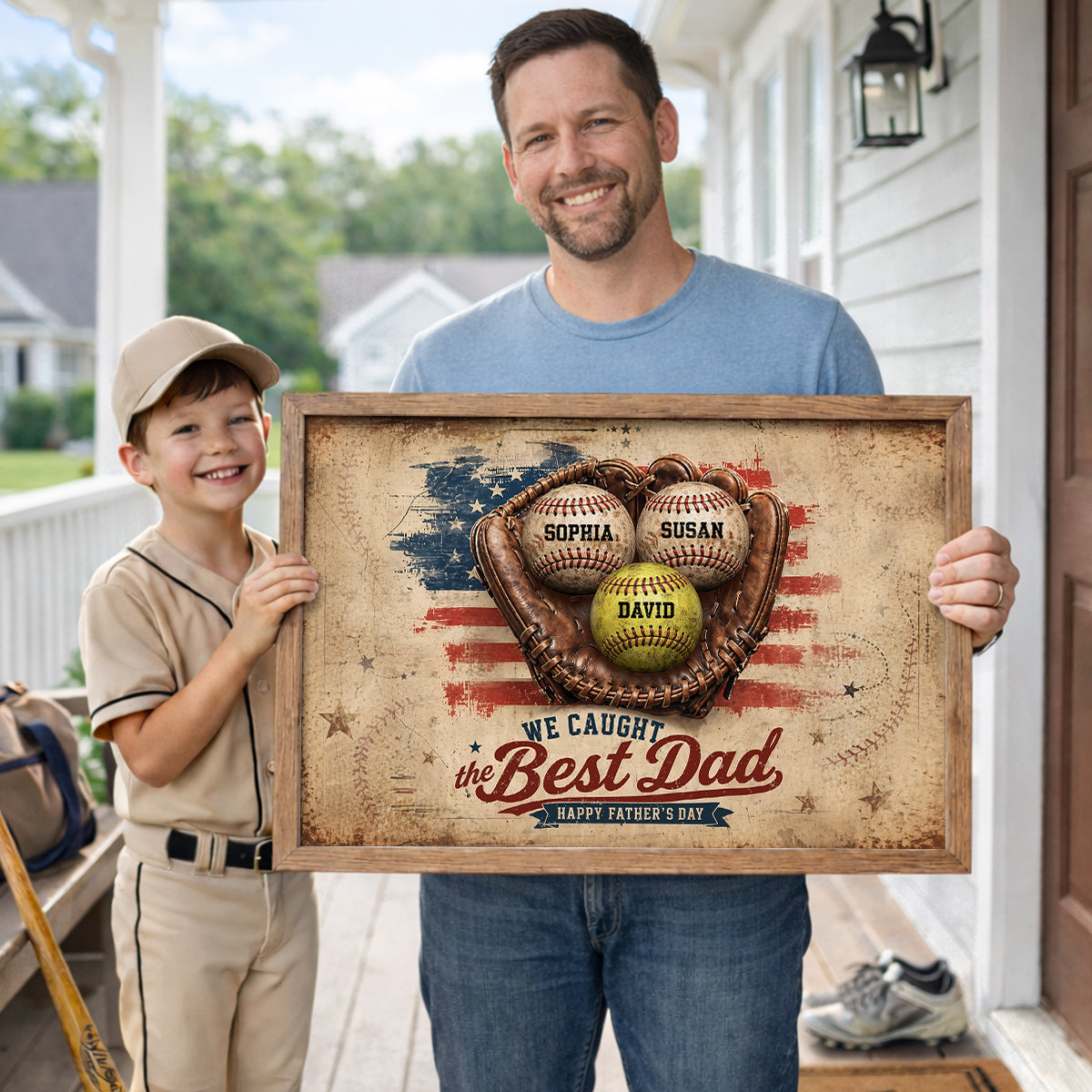 American Flag Baseball We Caught the Best Dad - Personalized Poster - Father's Day Gift for Dad, Husband