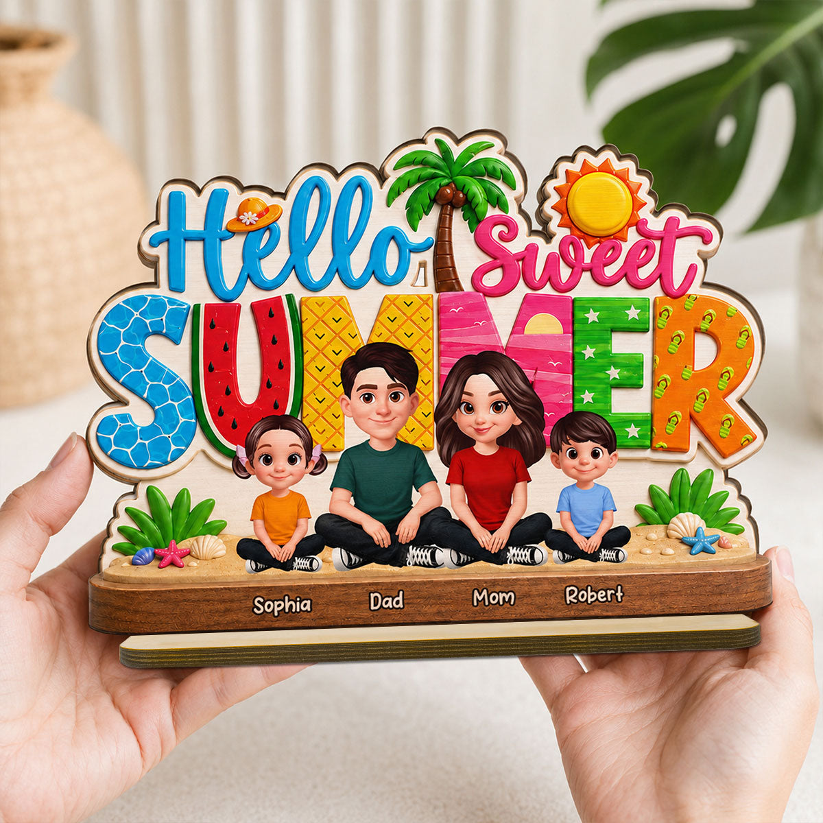 Hello Summer Vibe Family Grandpa Grandma Dad Mom Kids - Personalized 2-Layered Wooden Plaque - Gift For Family, Grandparents, Summer Decoration