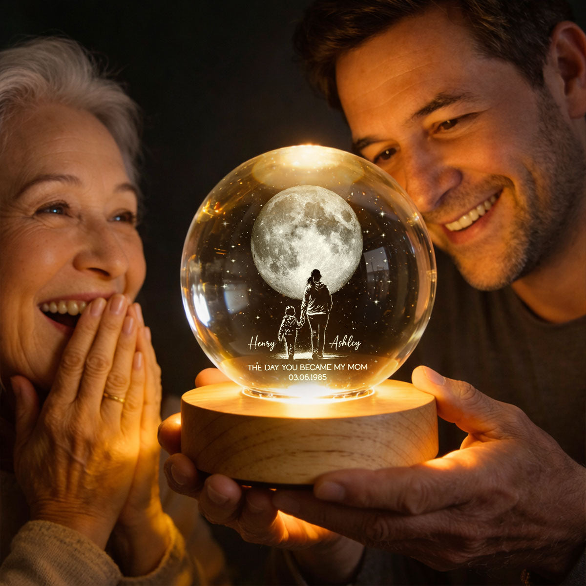 The Day You Became My Mom Custom Moon Phase by Date - Personalized Crystal Ball LED Night Light - Mother's Day Gift for Mom