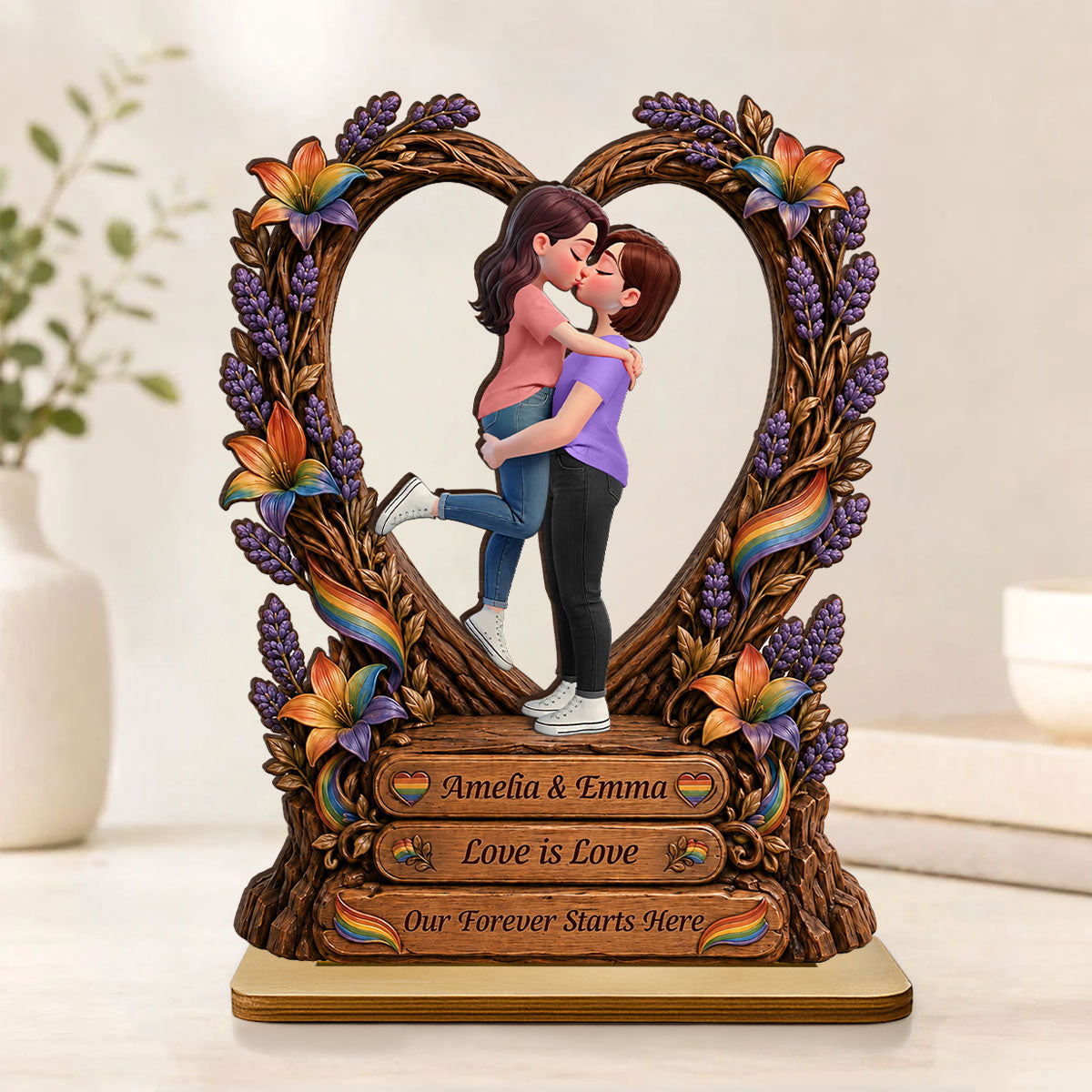 Our Forever Starts Here LGBT+ Couple - Personalized 2-Layered Wooden Plaque - Gift For Couple, Happy Pride Month