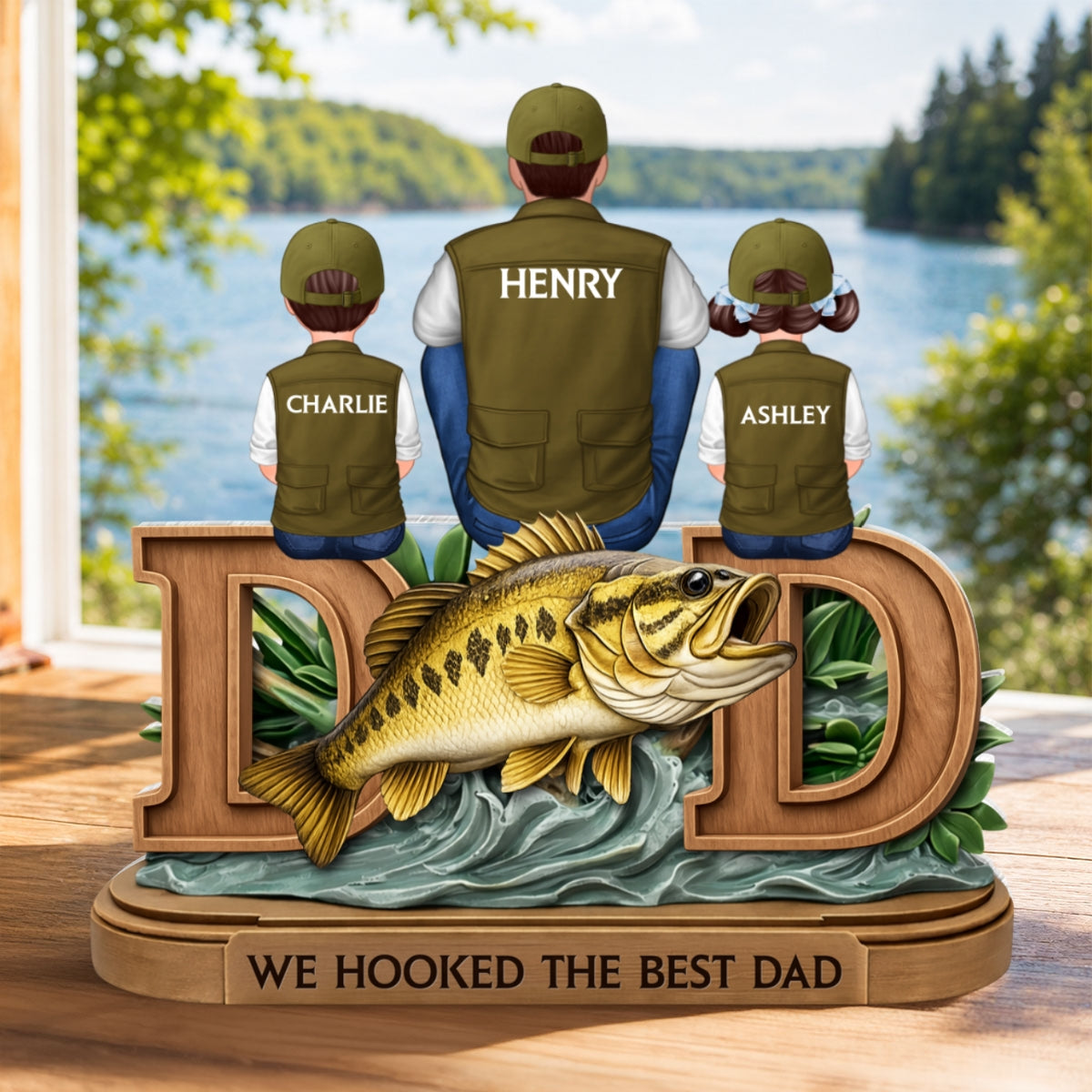 Fishing Dad And Kids Sitting Together - Personalized Acrylic Block Plaque - Heartfelt Gift For Fishing Dad, Husband