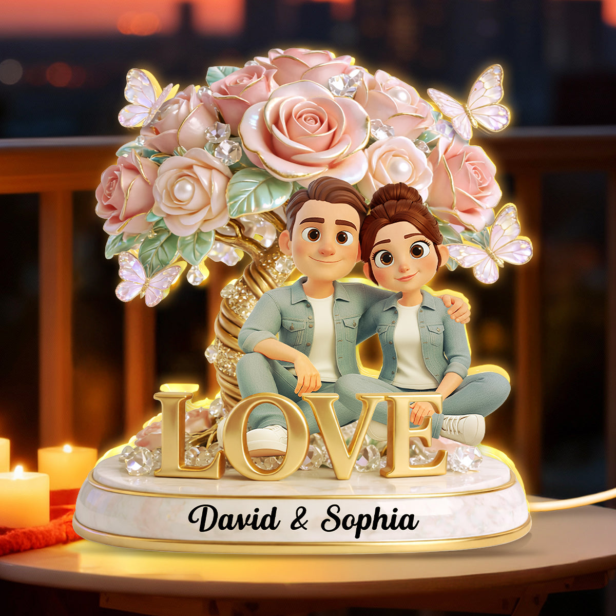 Pink Rose Couple Sitting on LOVE - Personalized Light Box - Heartfelt Valentine's Day Gift for Her, for Him