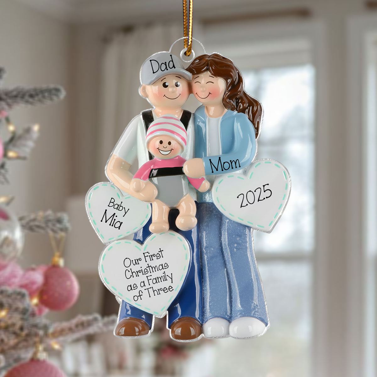 3D Effect First Christmas As Family Of Three Mom Dad & Baby On Carrier - Personalized Acrylic Ornament