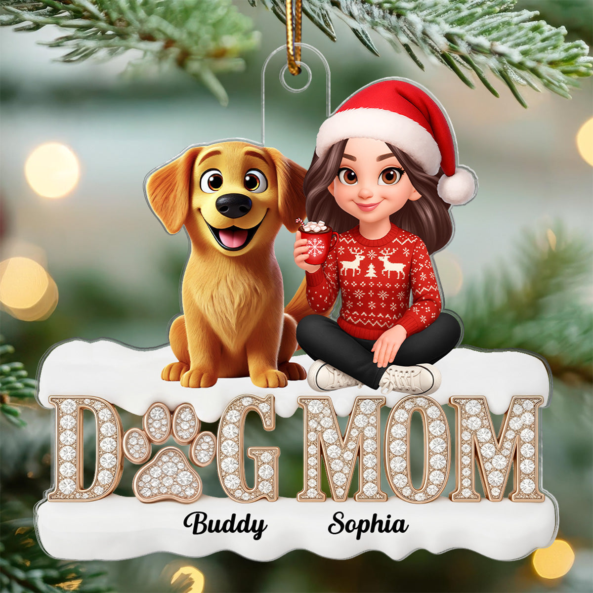 3D Crystal Shining Effect Christmas Dog Mom - Personalized Acrylic Ornament - Gift For Dog Lovers