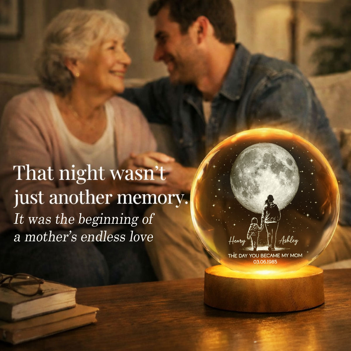 The Day You Became My Mom Custom Moon Phase by Date - Personalized Crystal Ball LED Night Light - Mother's Day Gift for Mom