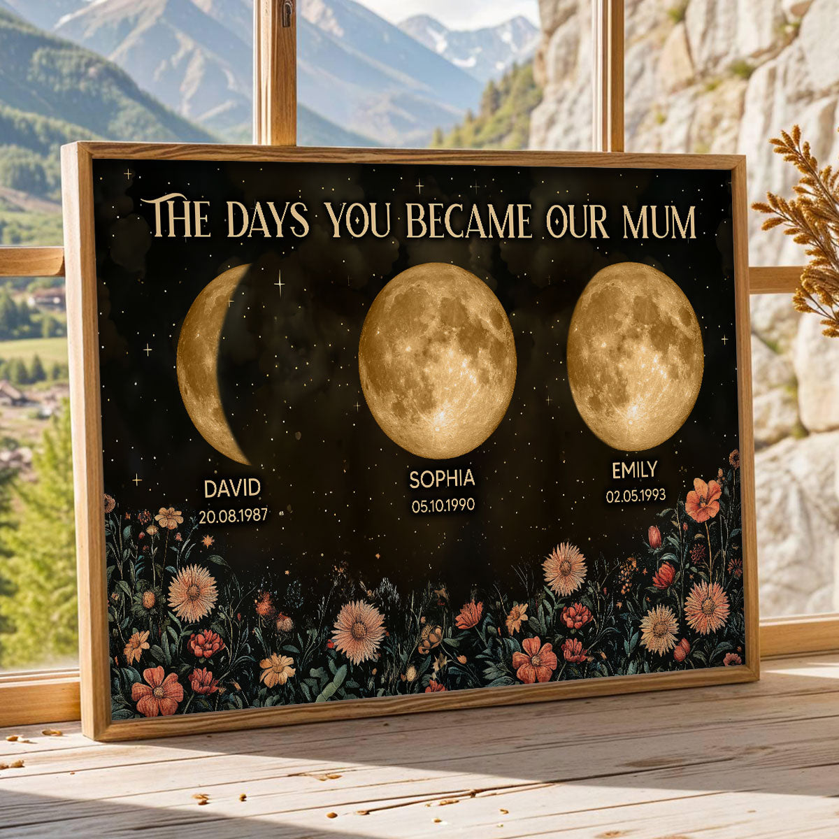 Vintage Flowers The Day You Become Mum Mom Grandma Custom Title And Nickname And Birth Moon Phase - Personalised Poster - Mother's Day Gift For Mum, Grandma