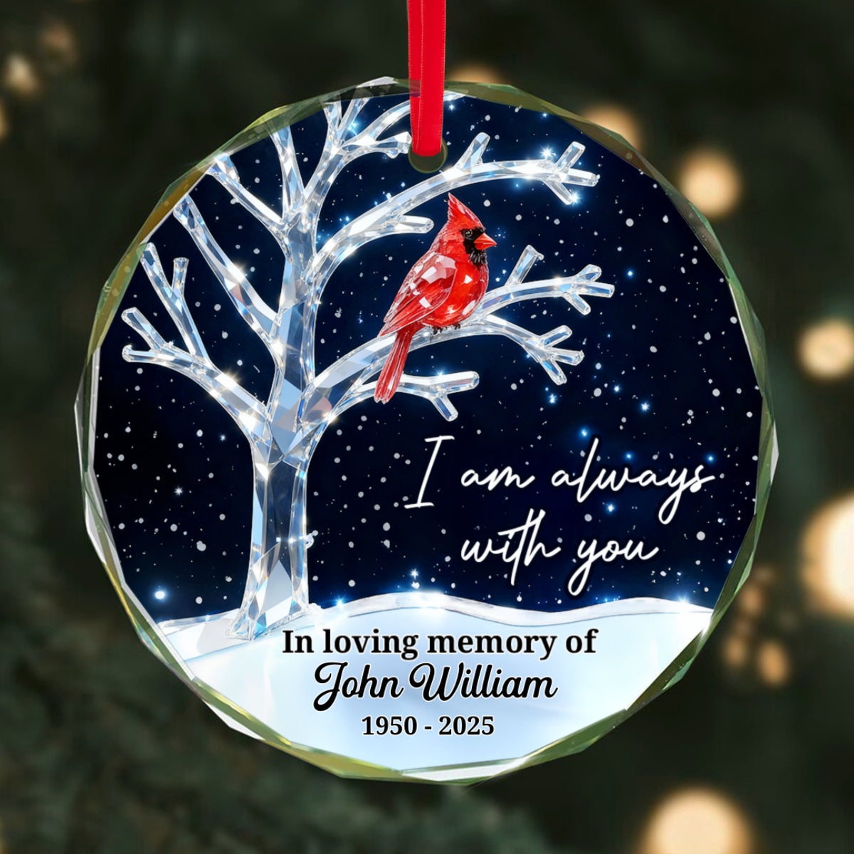 3D Crystal Effect Memorial Winter Tree Cardinals - Personalized Glass Ornament - Remembrance Gift, Sympathy Gift