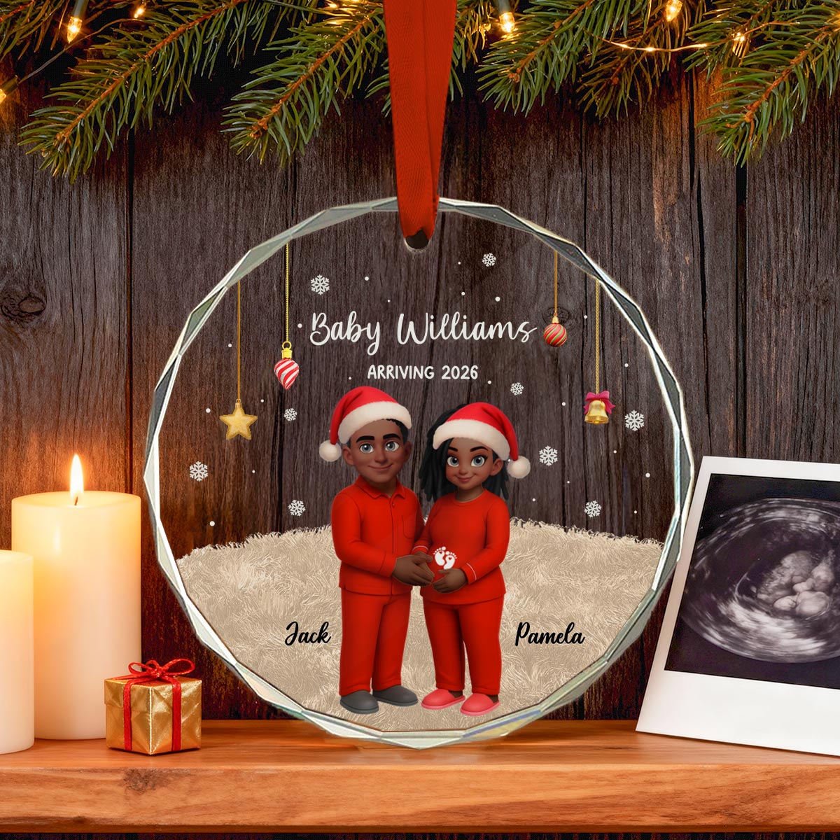 Expecting Parents Christmas Pregnancy Baby Arriving With Dogs Cats - Personalized Glass Ornament
