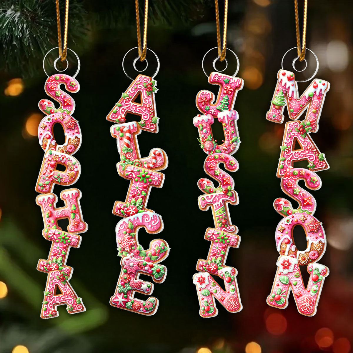 Pink Gingerbread Alphabet Custom Name - Personalized Acrylic Ornament - Christmas Tree Decor