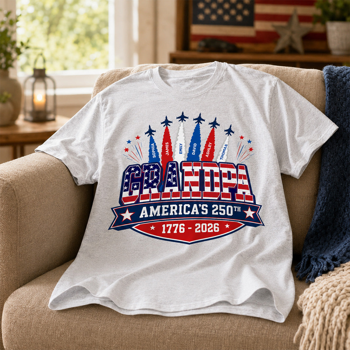 Proud Grandpa Dad Jets Smoke Custom Kid Name - Personalized Shirt - American 250th Anniversary Keepsake For Husband, Dad, Grandpa