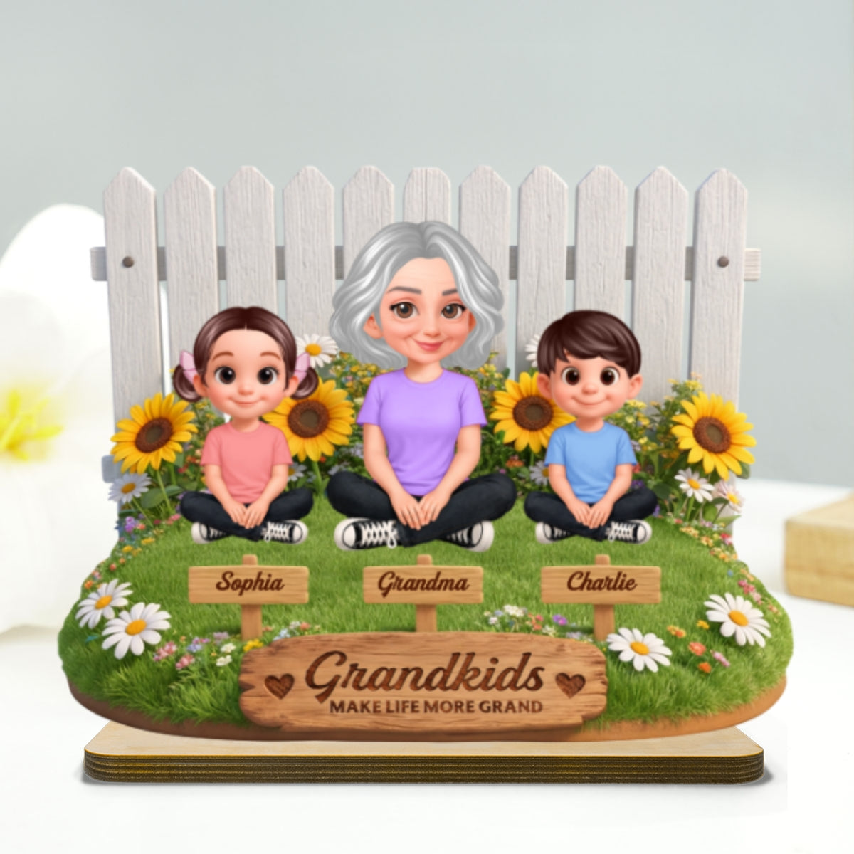 Together by the Fence Grandma Grandkids - Personalized 2-Layered Wooden Plaque - Gift For Grandma