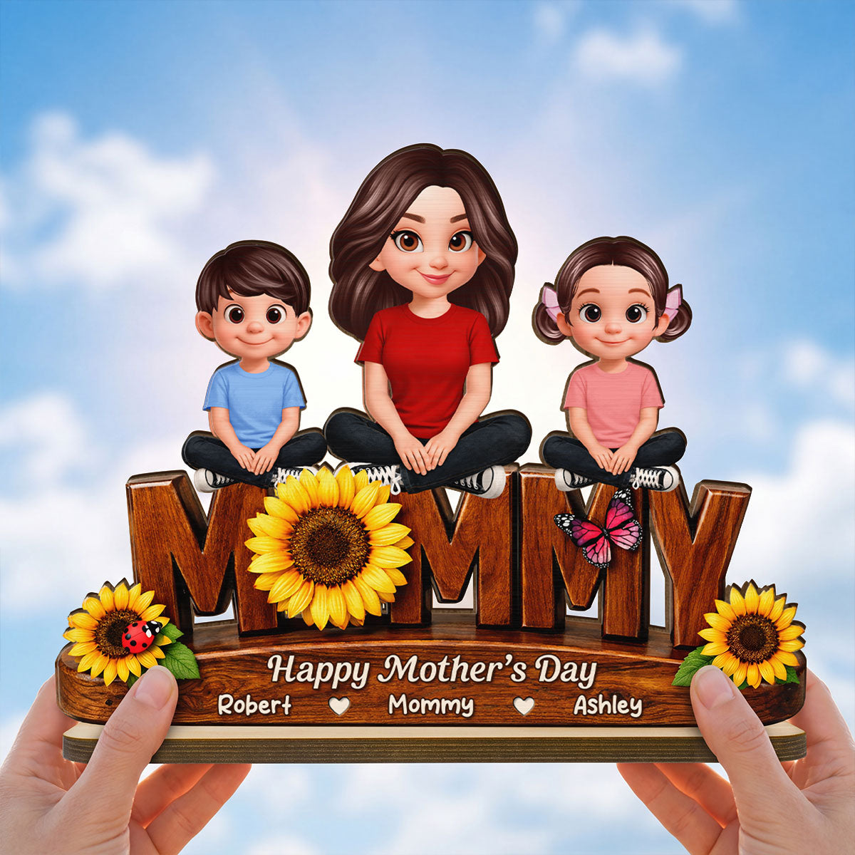 Sunflower Mom And Kids - Personalized 2-Layered Wooden Plaque - Mother's Day Gift For Mom, Wife