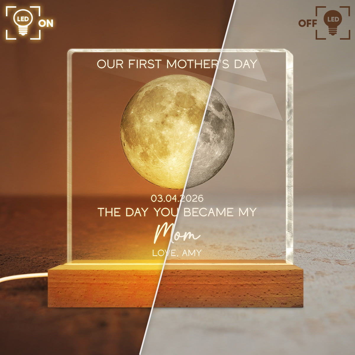 The Day You Became My Mom Custom Moon Phase First Mother's Day - Personalized Acrylic Block Plaque LED Night Light - First Mother's Day Gift For New Mom