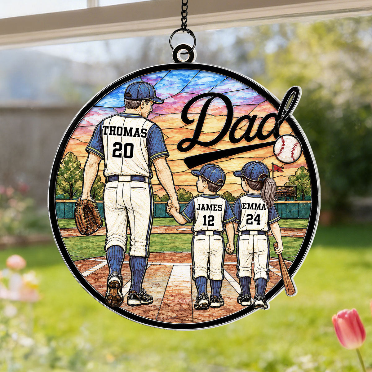 Baseball Dad & Kids 2D Flat - Personalized Suncatcher Ornament - Father's Day Gift For Baseball Dad