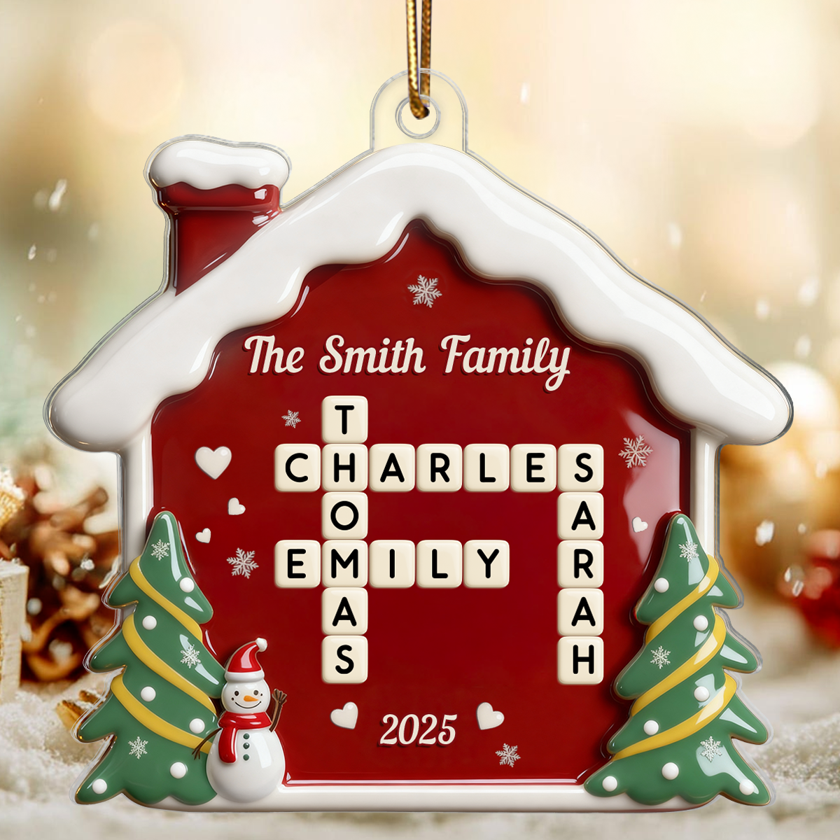 3D Effect Festive Christmas House Family Forever Linked Together Crossword Puzzle Art - Personalized Acrylic Ornament - Gift For Family