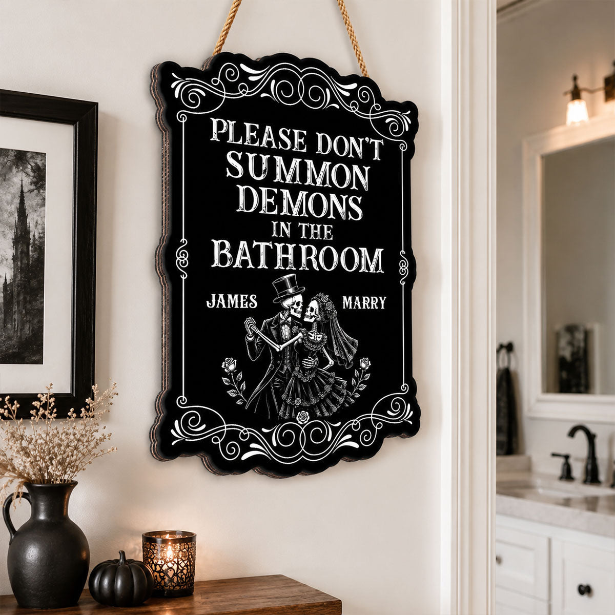 Gothic Couple Please Don't Summon Demons - Personalized Wood Sign - Funny Halloween Gothic Bathroom Decor For Couple