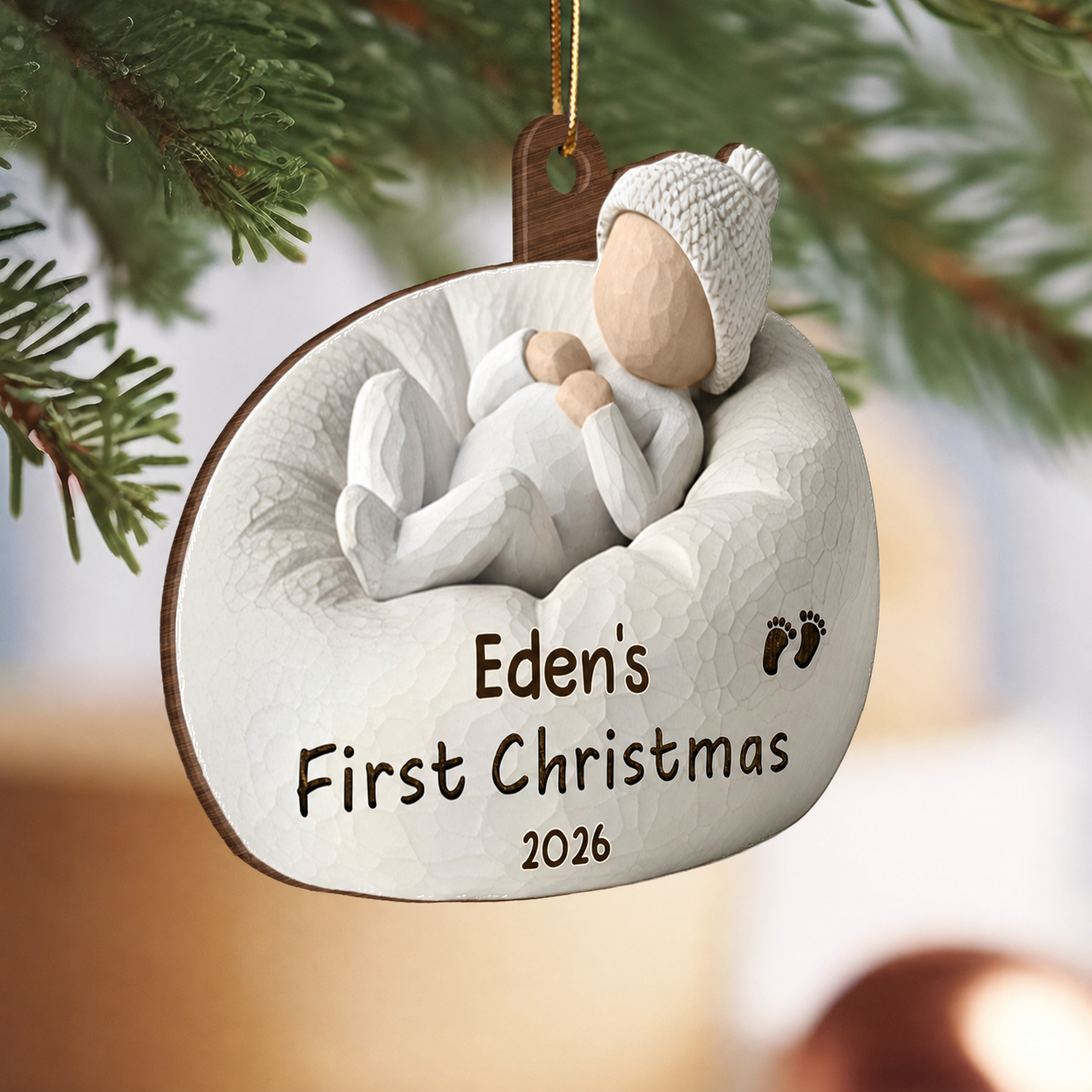 3D Effect Baby's First Christmas Baby On Beanbag Chair - Personalized Wooden Ornament
