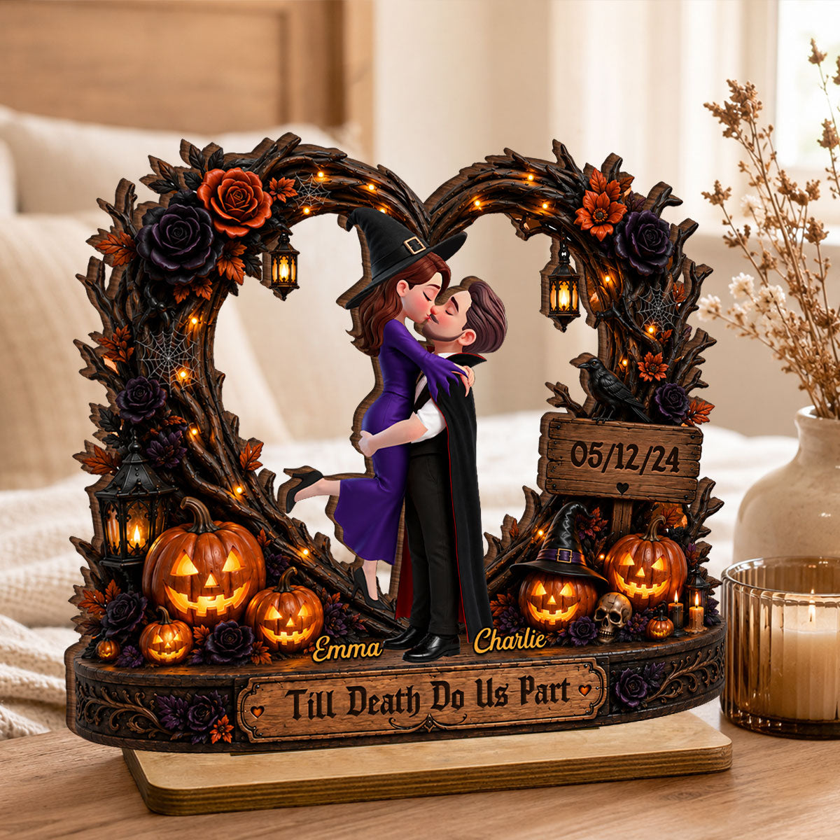 Spooky Couple Heart Till Death Do Us Part - Personalized 2-Layered Wooden Plaque - Halloween Decor Gift, Gift For Couple
