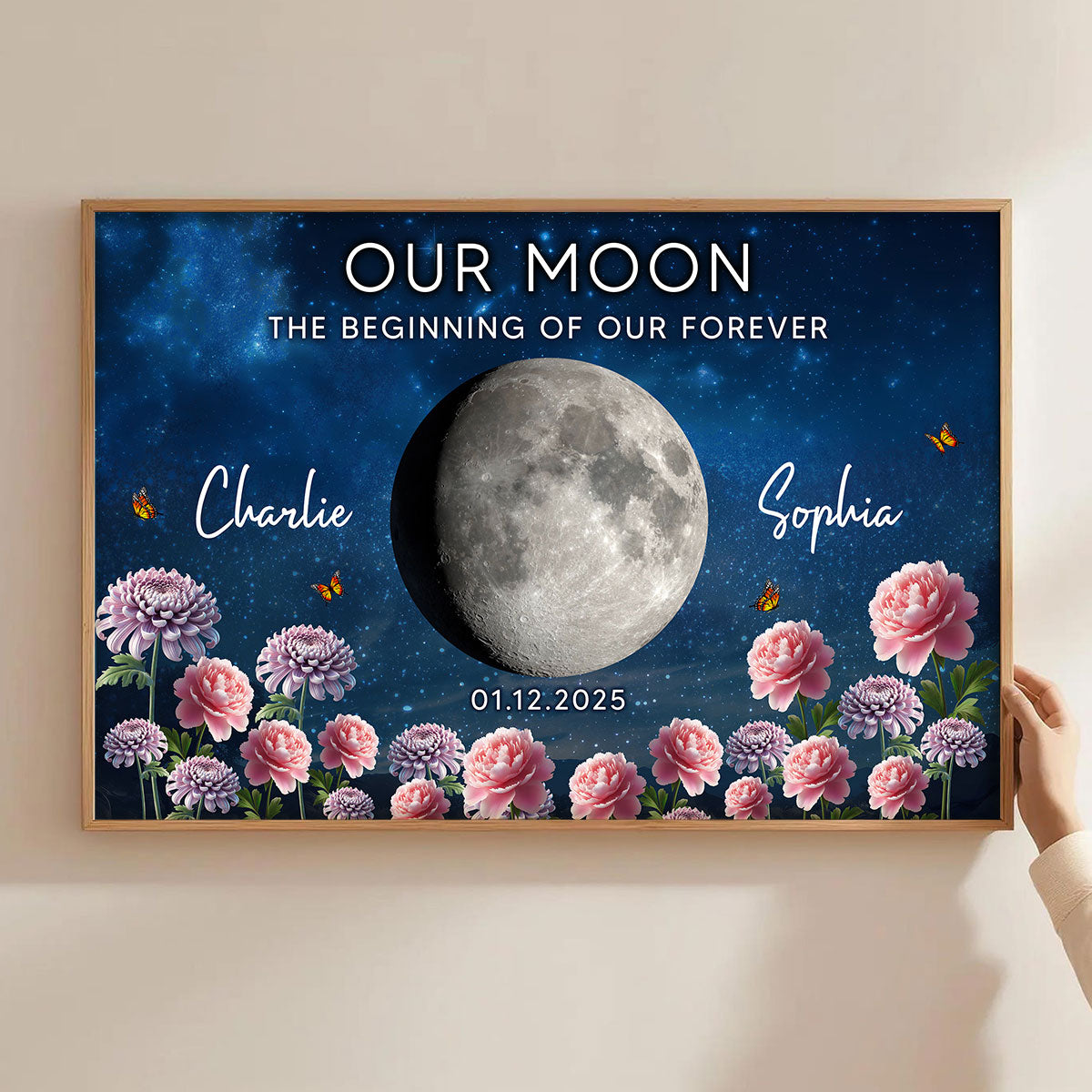 Couple Custom Moon Phase Anniversary Date Birth Month Flowers - Personalized Poster - Valentine's Day Gift For Couple
