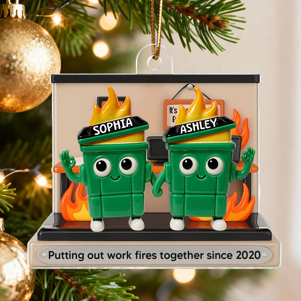 [BUY 1 GET 1 FREE] 3D Effect Dumpster Fires In Office Scene - Personalized Acrylic Ornament - Funny Gift For Colleagues, Work Besties