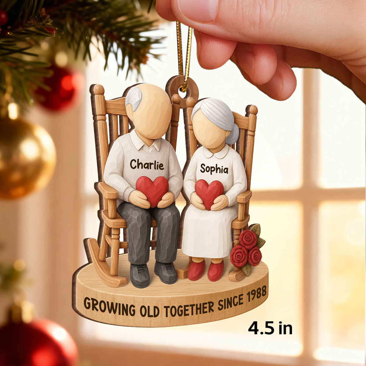Old Couple Sitting on Chair - Personalized Wooden Ornament - Christmas Gift for him, Gift for her