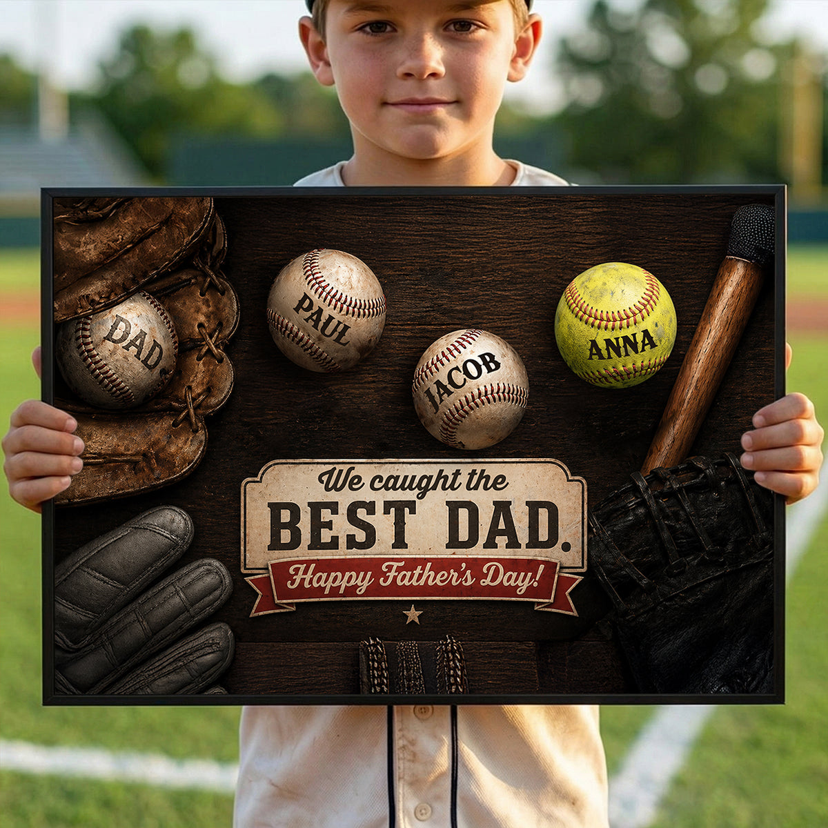 Baseball Dad and Children - Personalized Poster - Father's Day Gift for Dad, Husband
