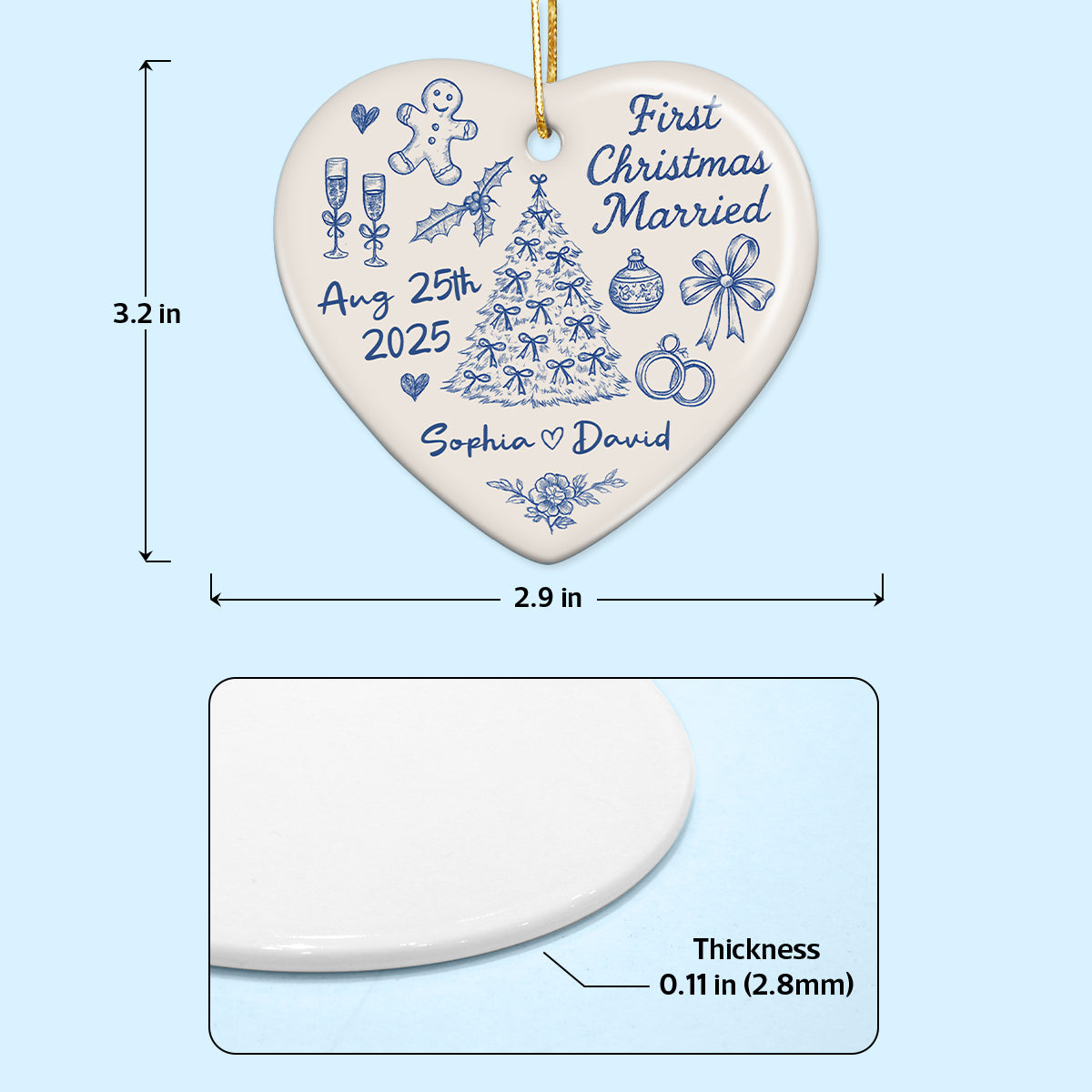 First Christmas Married Toile De Jouy Pattern - Personalized Ceramic Ornament - Christmas Gift For Him, For Her, For Couple