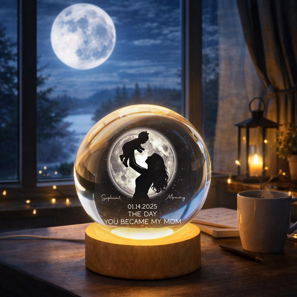 Mom Hugging Kid, The Day You Became My Mom Custom Moon Phase by Date - Personalized Crystal Ball LED Night Light - Mother's Day Gift for Mom