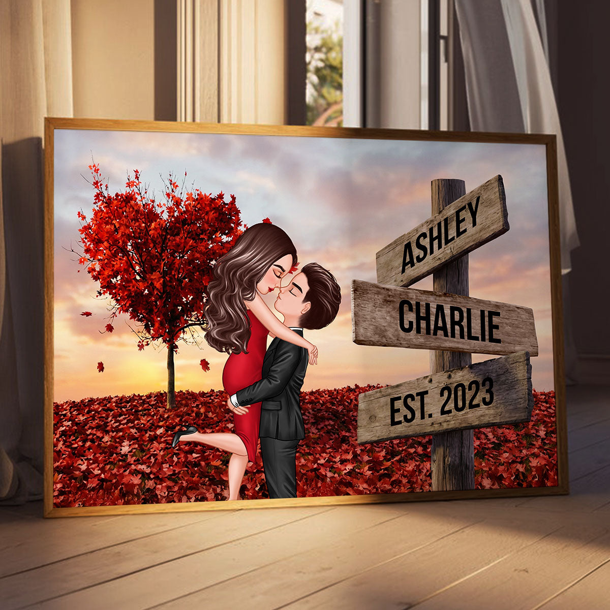 Couple Hugging Kissing Sign Post - Personalized Poster - Heartfelt Gift For Him, Her, Wife, Husband, Couple