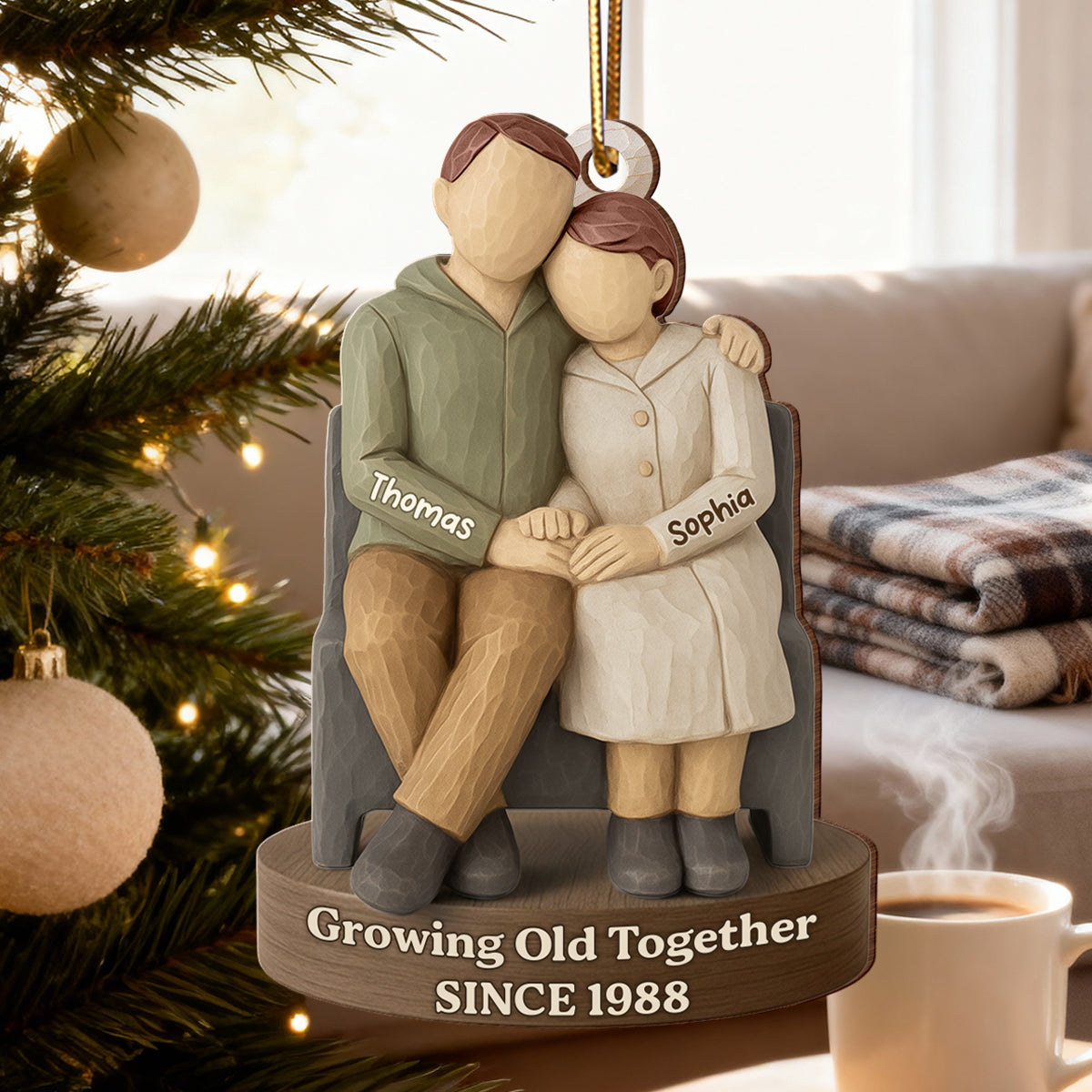 Couple Growing Old Together 3D Effect - Personalized Wooden Ornament - Christmas Gift for him, for her