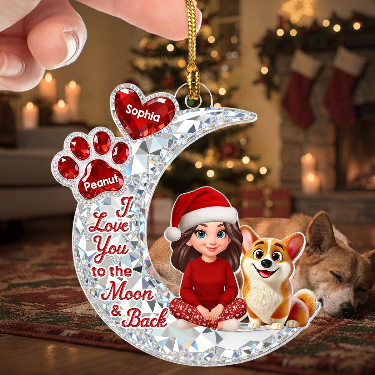3D Effect Flat Woman And Dog Cat On Moon - Personalized Acrylic Ornament - Christmas Gift For Dog, Cat Lovers