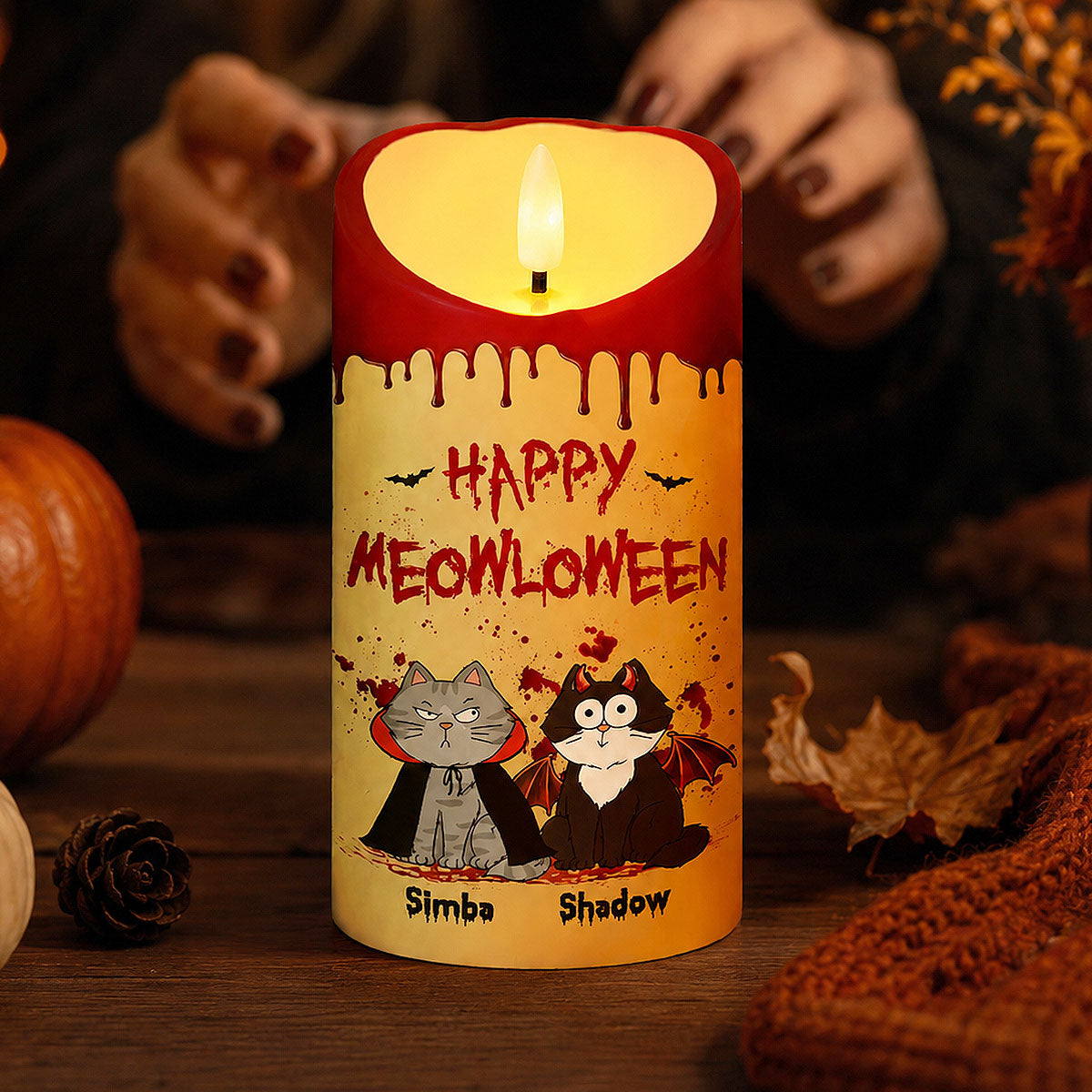 Cat Mom Happy Meowloween Blood Drip - Personalized LED Candle - Purrfect Halloween Decor for Cat Lover