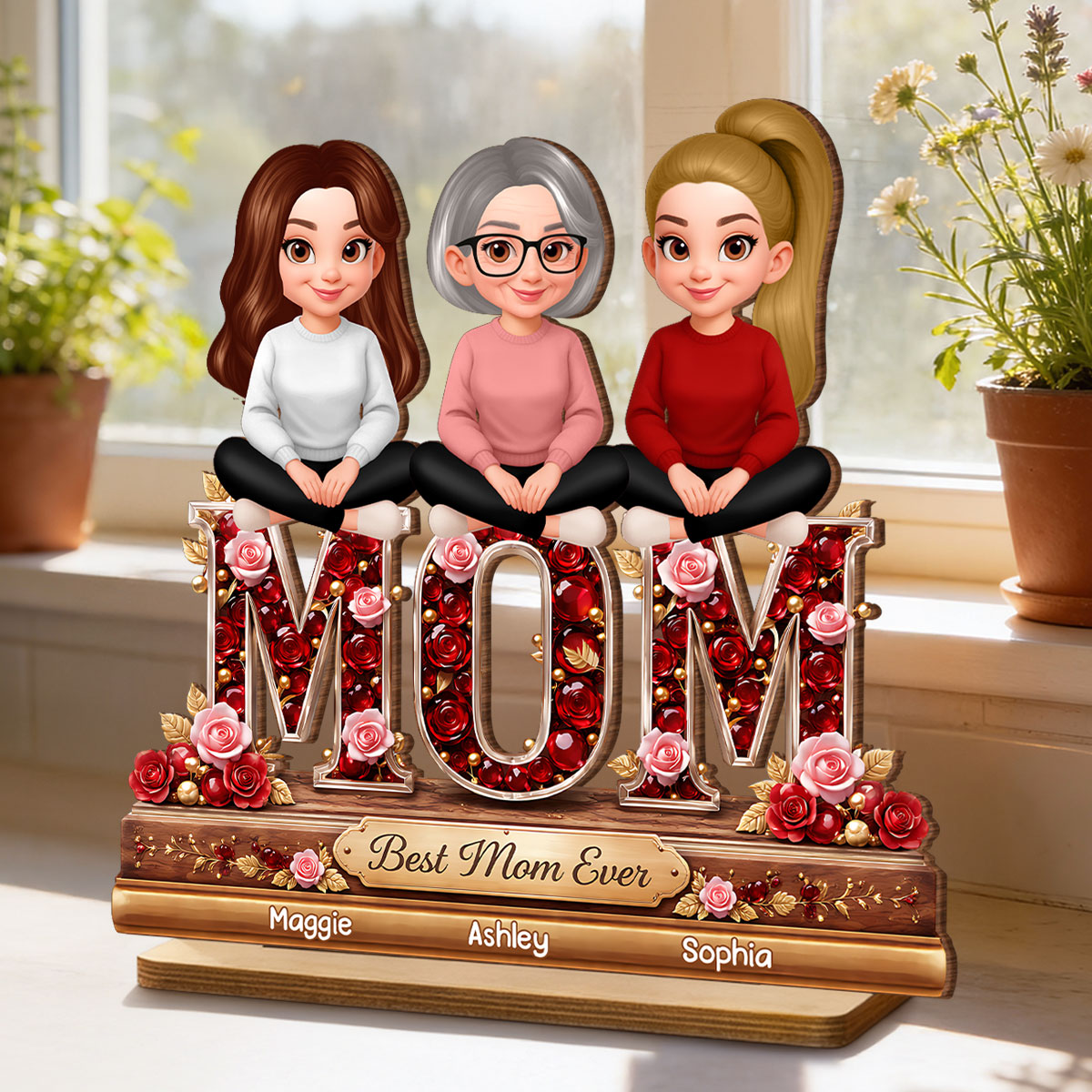Mom Daughters Sons Sitting Best Mom Ever - Personalized 2-Layered Wooden Plaque - Heartfelt Gift For Mom, Grandma