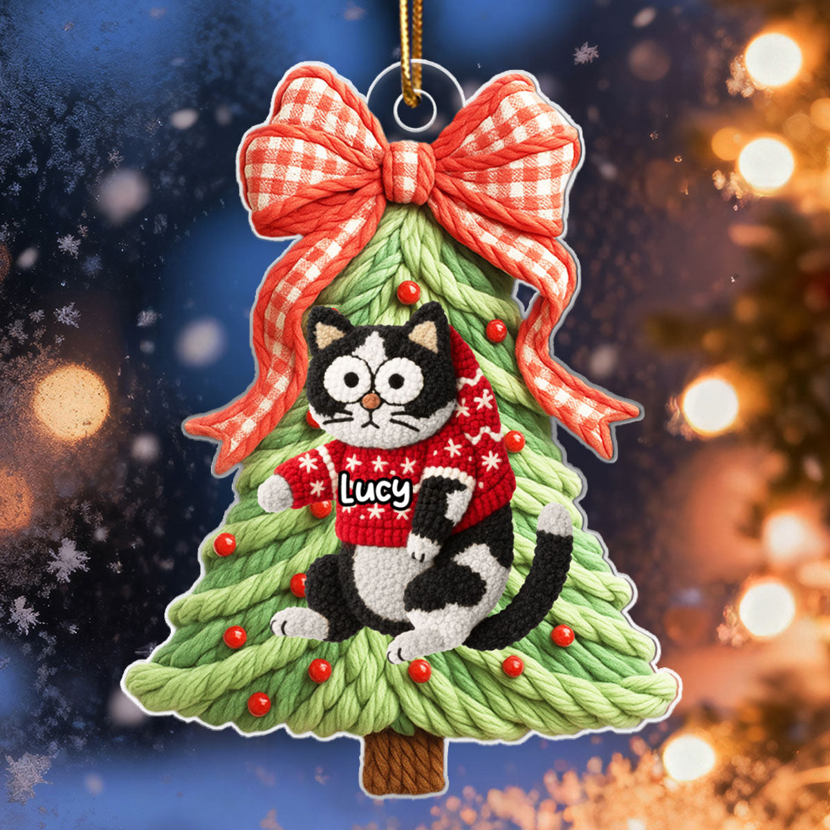 Cat Hanging on Christmas Tree Latch Hook Yarn Faux - Personalized Acrylic Ornament - Christmas Gift for Cat Lovers